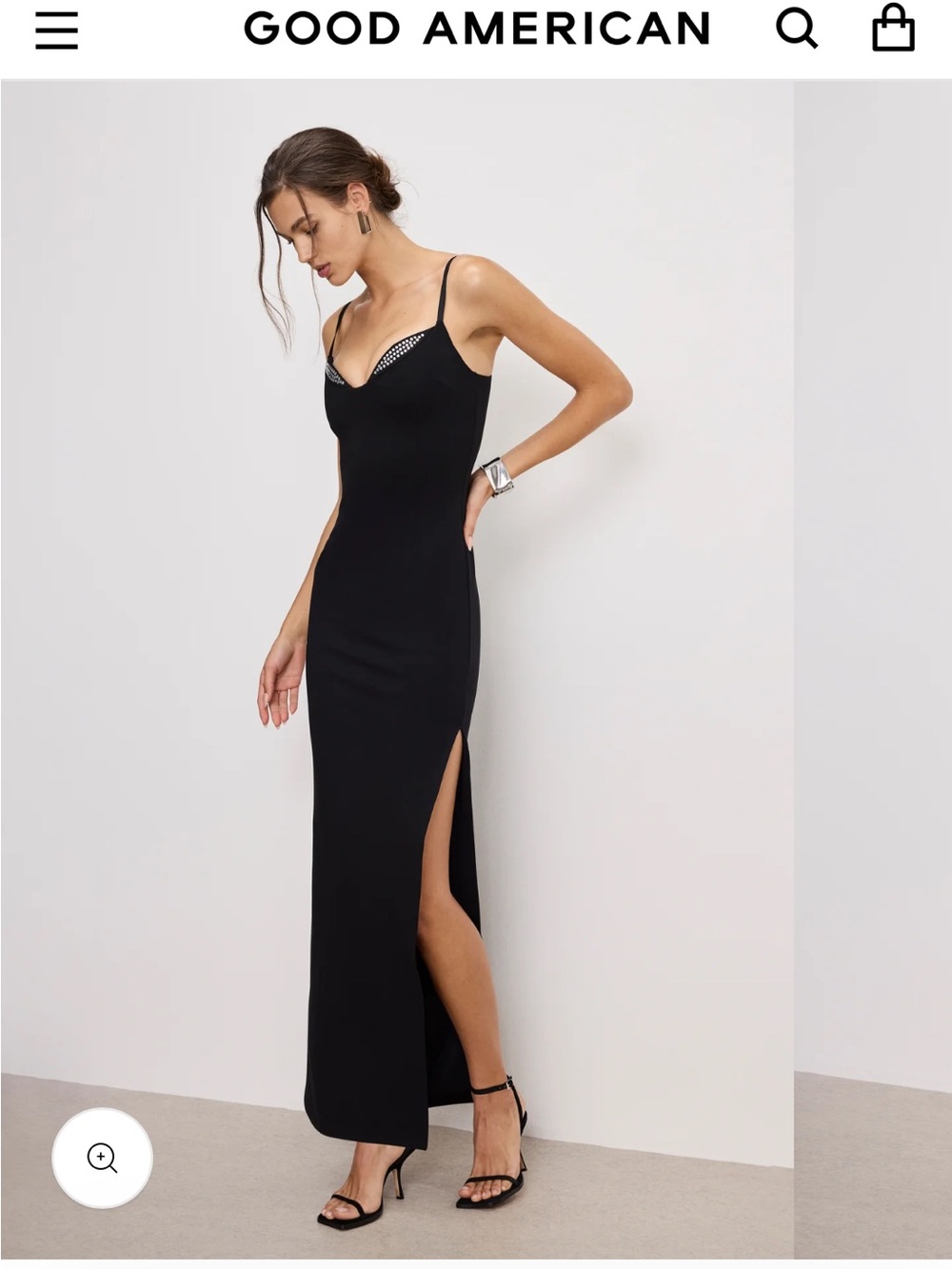 Good American Black Spaghetti-Strap Maxi Dress with High Side Slit